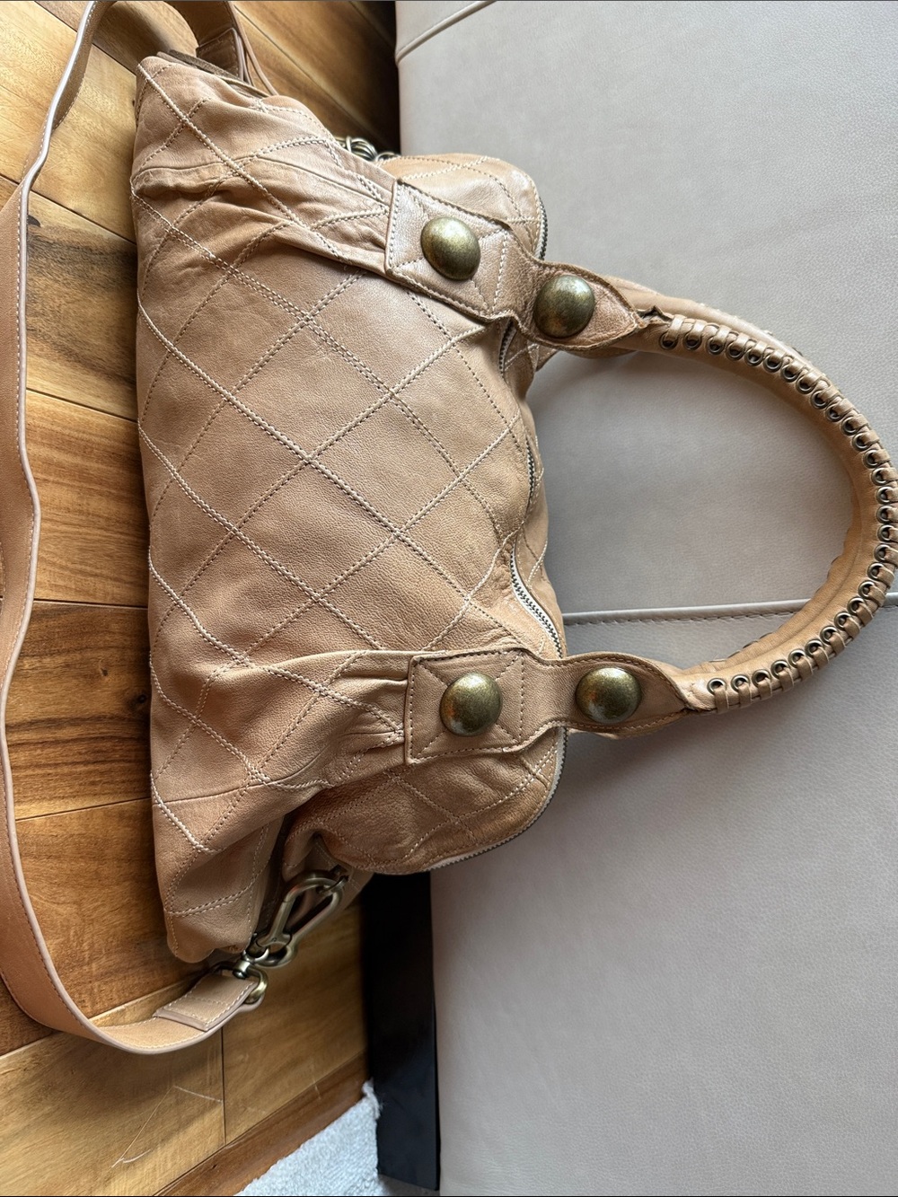 Per Se Quilted Tan Leather Shoulder Bag with Braided Handle